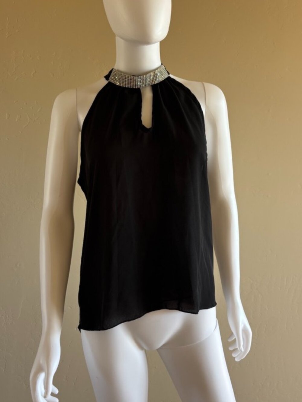 Black Lightweight Sheer Thin Dressy Business Party Halter Top Tie Keyhole Blouse